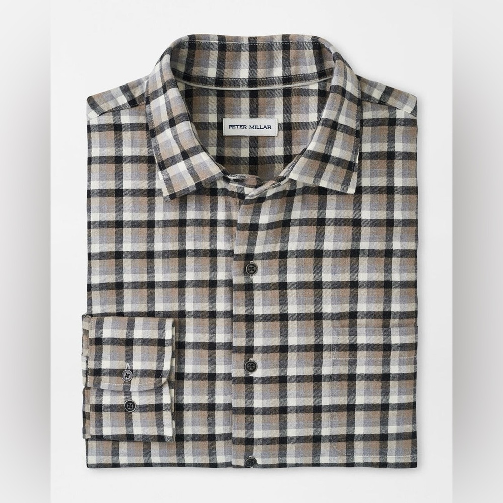 Peter Millar Dark Sand North Bay Cotton Sport Shirt MF24W61LTF Button Up Plaid